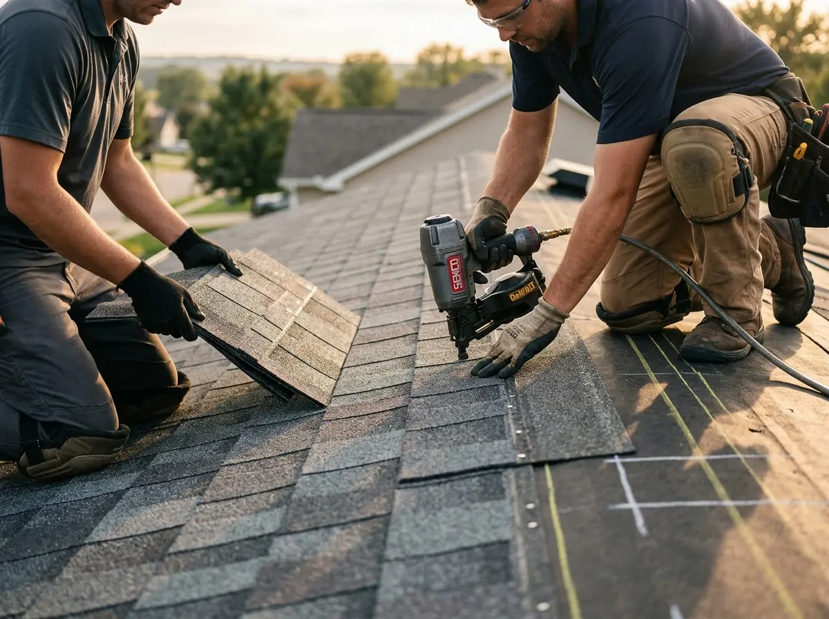 Professional roofer working on a residential roof in Streamwood